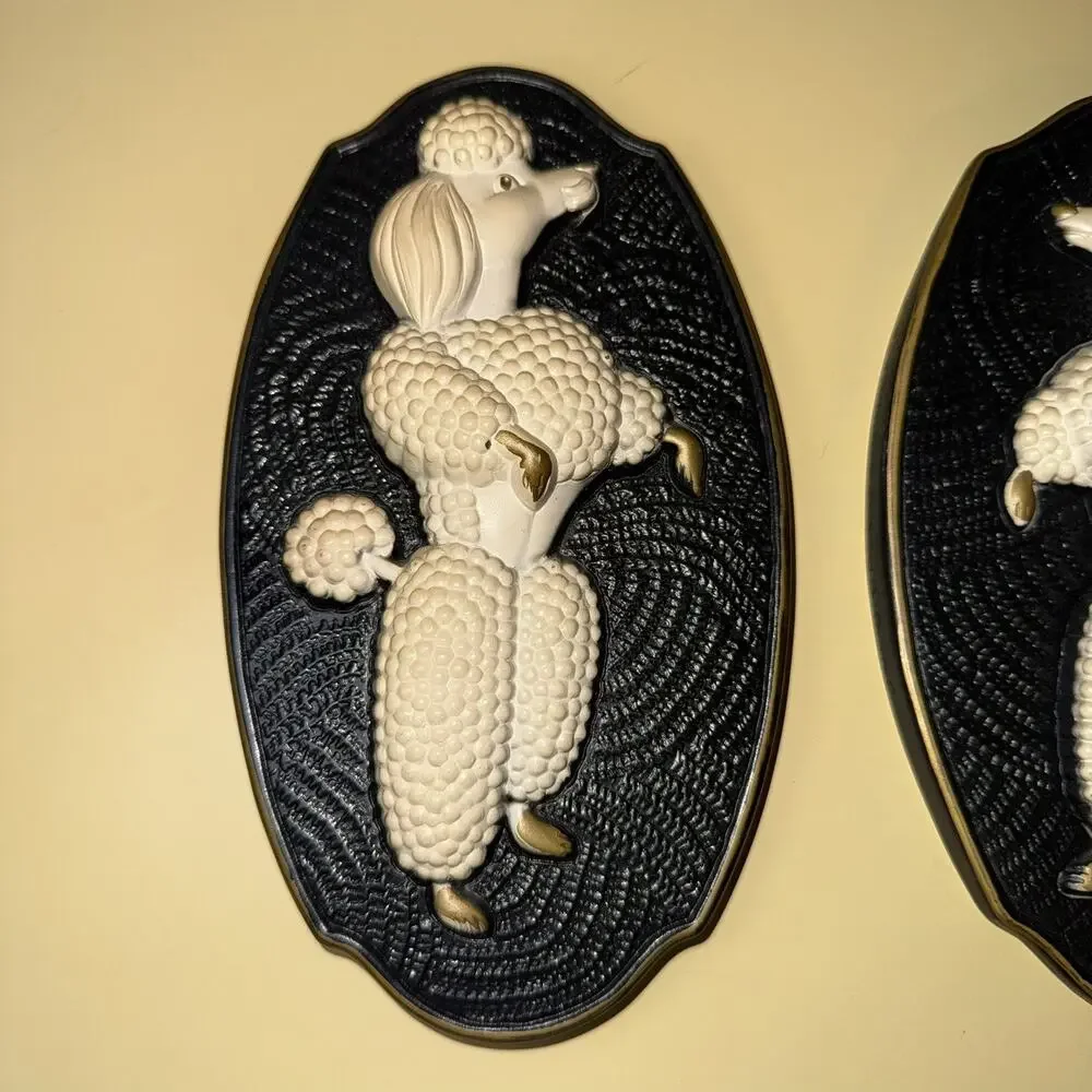 Vintage 1969 Miller Studios Standing French White Poodle Dog Plaque Pair Great!